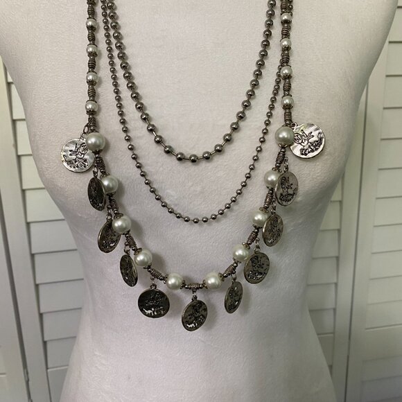 Vintage 70s Statement Necklace with Silver Toned & Faux Pearl Beads 34" #391 - Picture 3 of 5